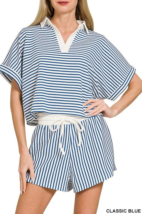 V-Neck Stripe Coastal Shorts Set