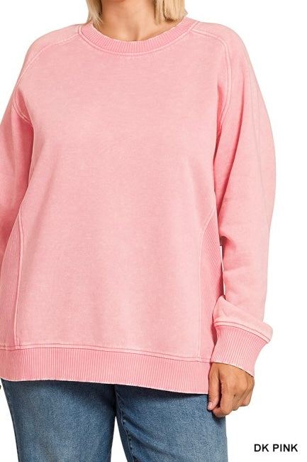 Acid Wash Ribbed Side Inset Fleece Sweatshirt