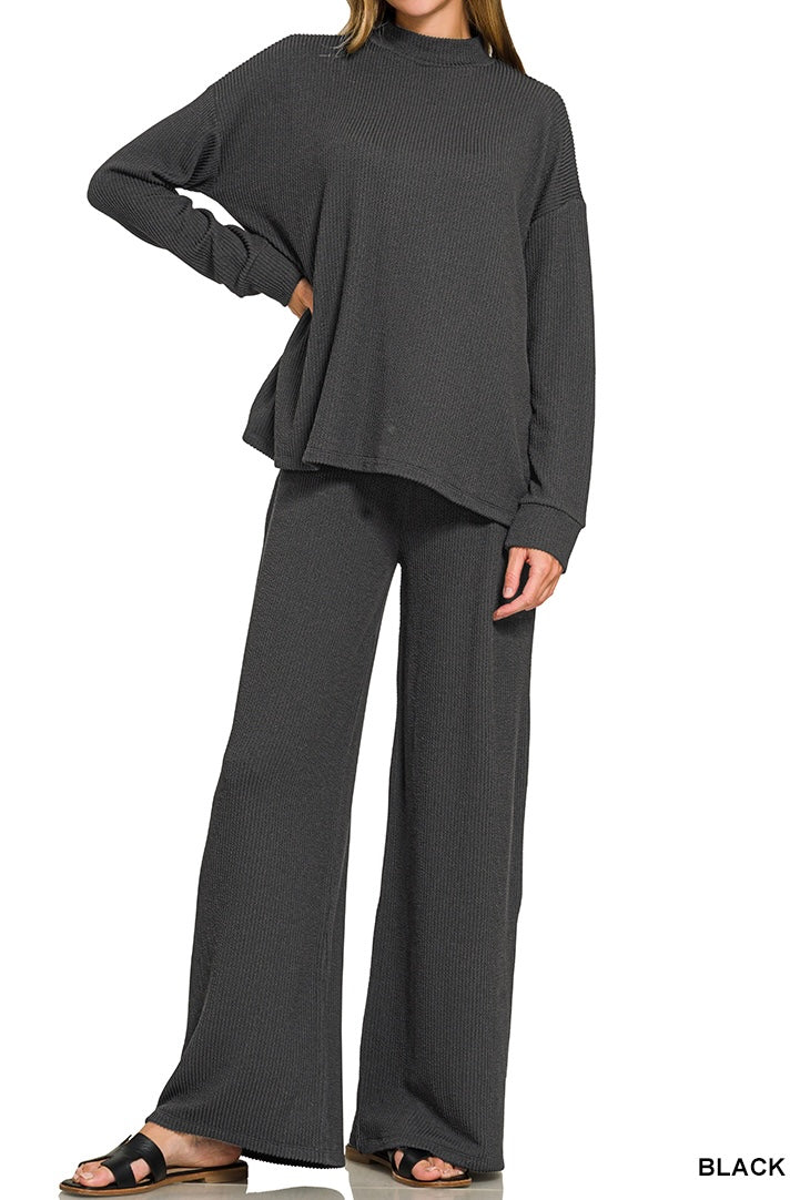 Zenana Raised Rib Mock Neck Long Sleeve Pants Set