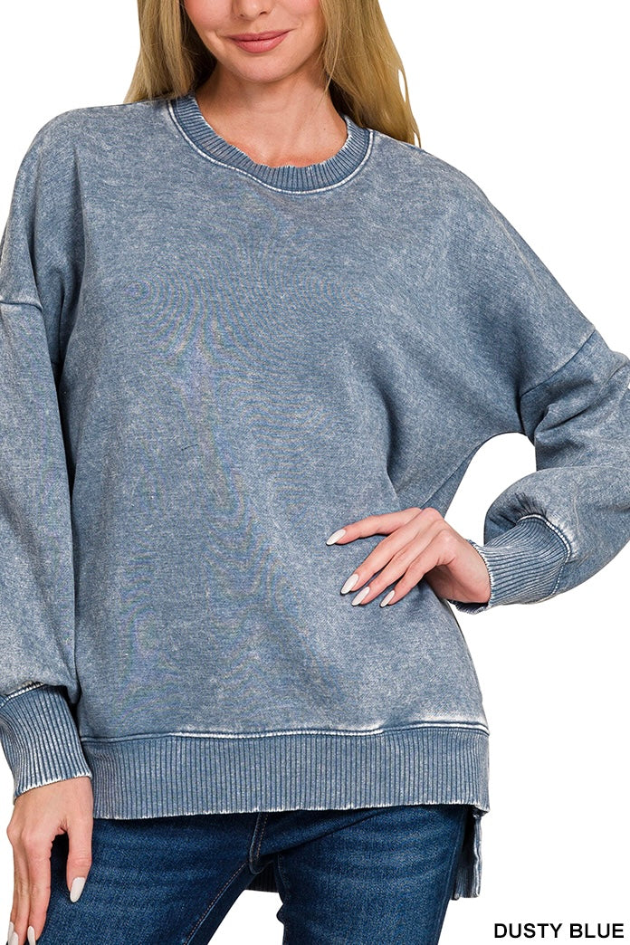 Zenana Acid Wash High/Low Pocket Sweatshirt