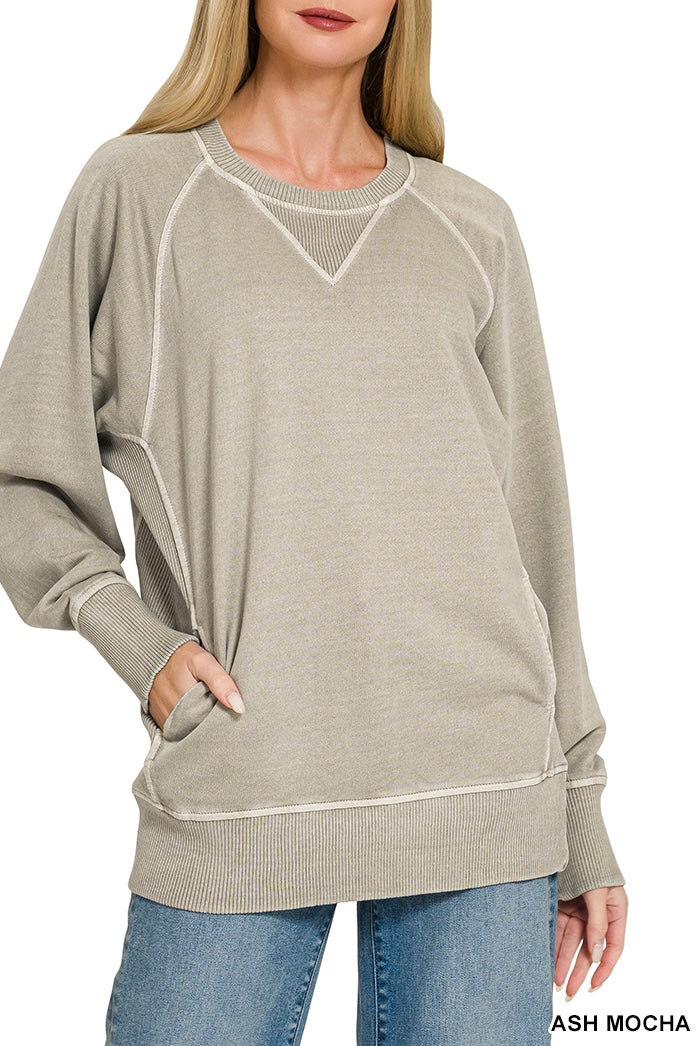 Zenana Pigment Dyed French Terry Ribbed Panel Pocket Pullover