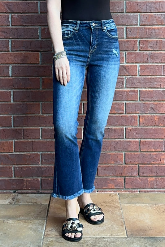 High Rise Straight Frayed Hem Cropped Jeans