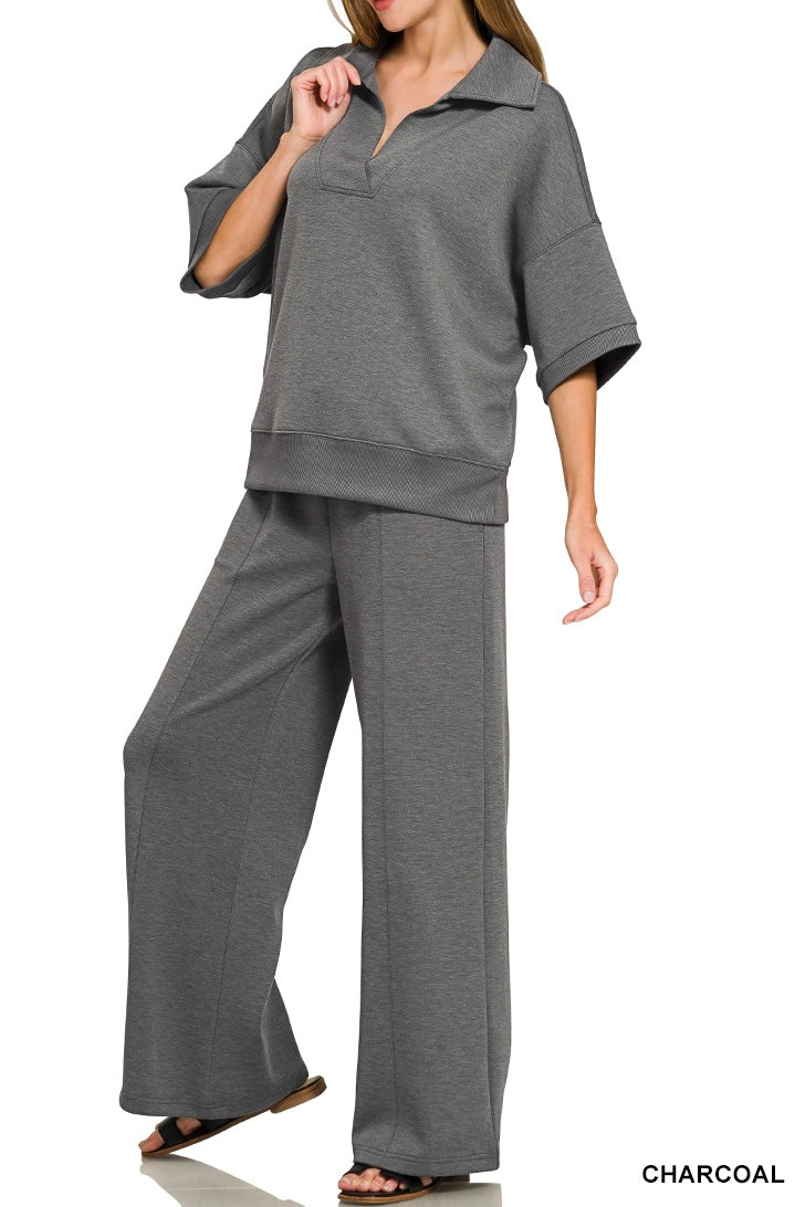 Zenana Collared Short Sleeve Pullover Center Seam Pants Set
