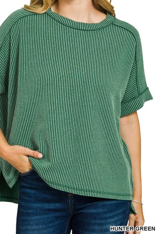 Zenana Short Sleeve Raised Ribbed Crew Neck Top