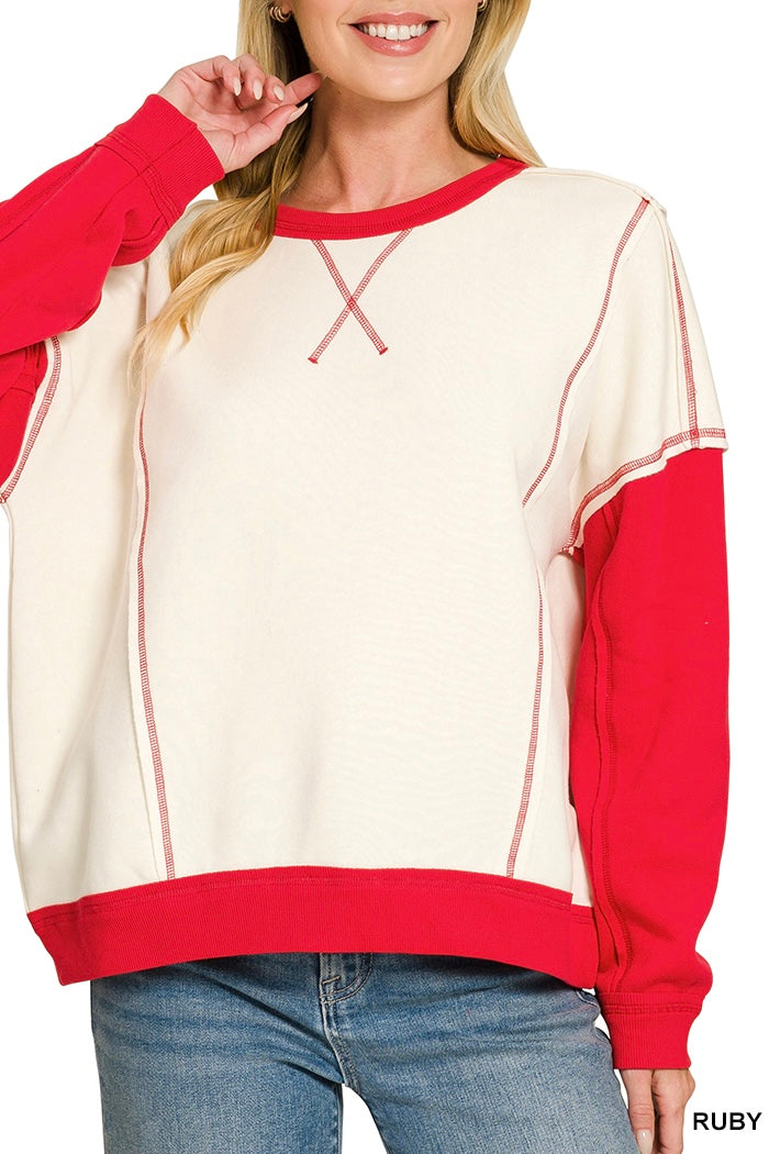 Zenana Reverse Seam Raglan Color Block Sweatshirt