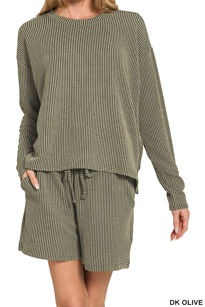 Zenana Ribbed Long Sleeve Shorts Set