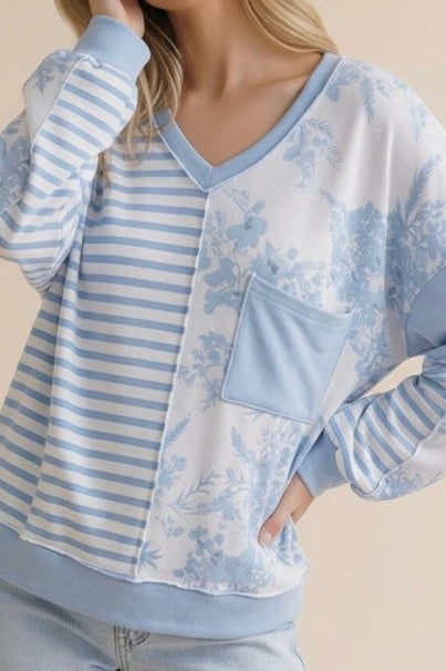 Blue V Neck Floral And Stripe Color Block Knit Top