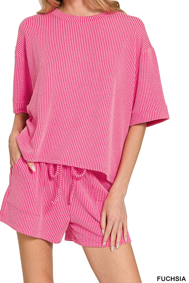 Zenana Raised Ribbed Half Sleeve Drawstring Shorts Set
