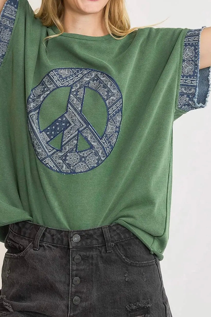 Green/Denim Patchwork Peace Sign Top