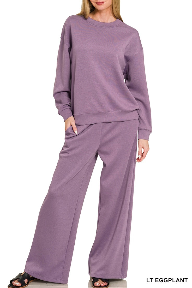 Zenana Scuba Crew Neck Banded Pullover Pants Set