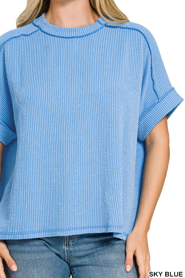 Zenana Short Sleeve Raised Ribbed Crew Neck Top
