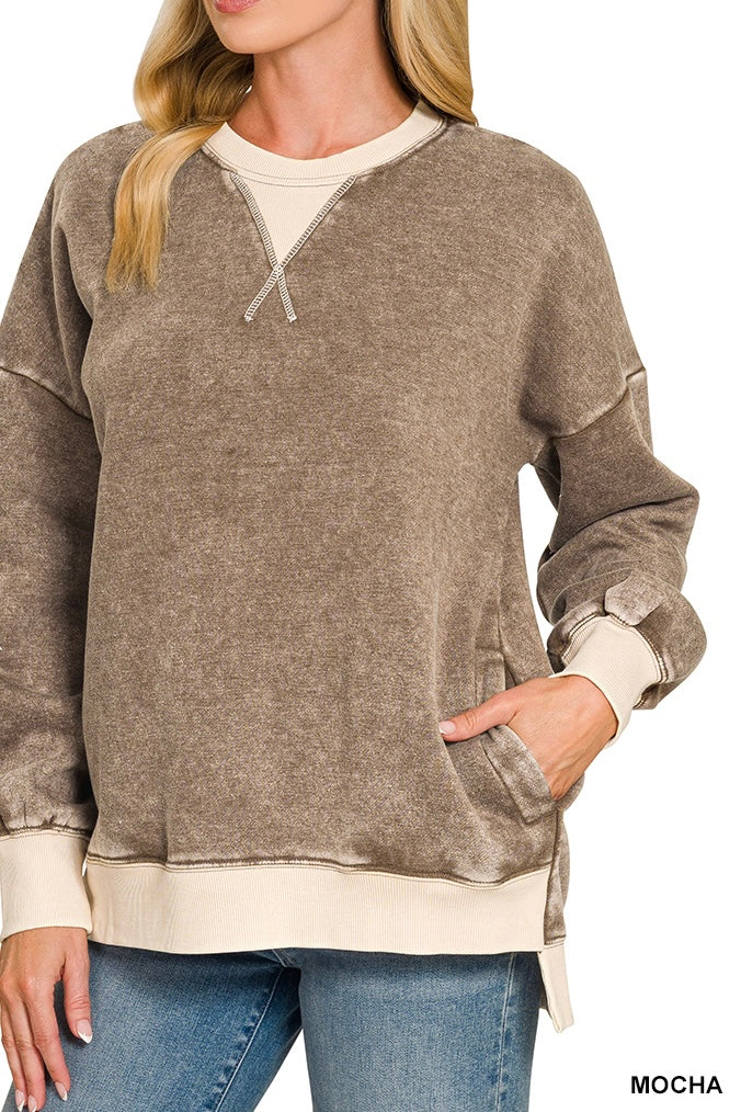 Zenana Acid Wash Contrasy High Low Pocket Sweatshirt