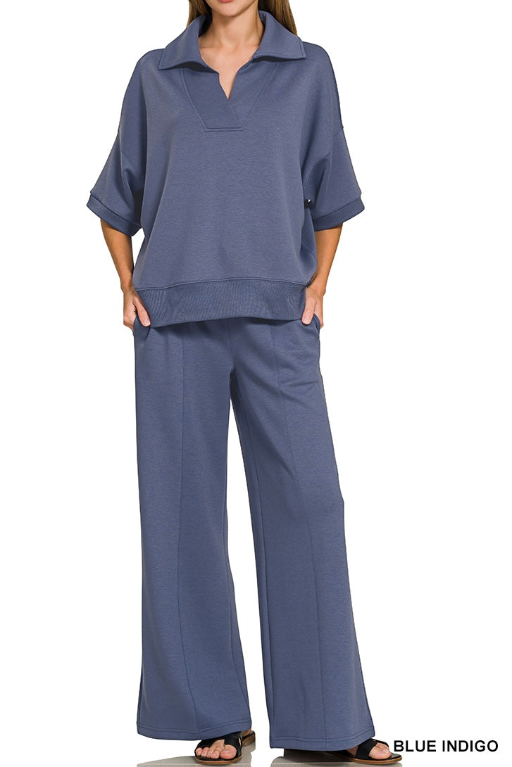 Zenana Collared Short Sleeve Pullover Center Seam Pants Set