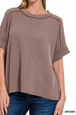 Zenana Short Sleeve Raised Ribbed Crew Neck Top
