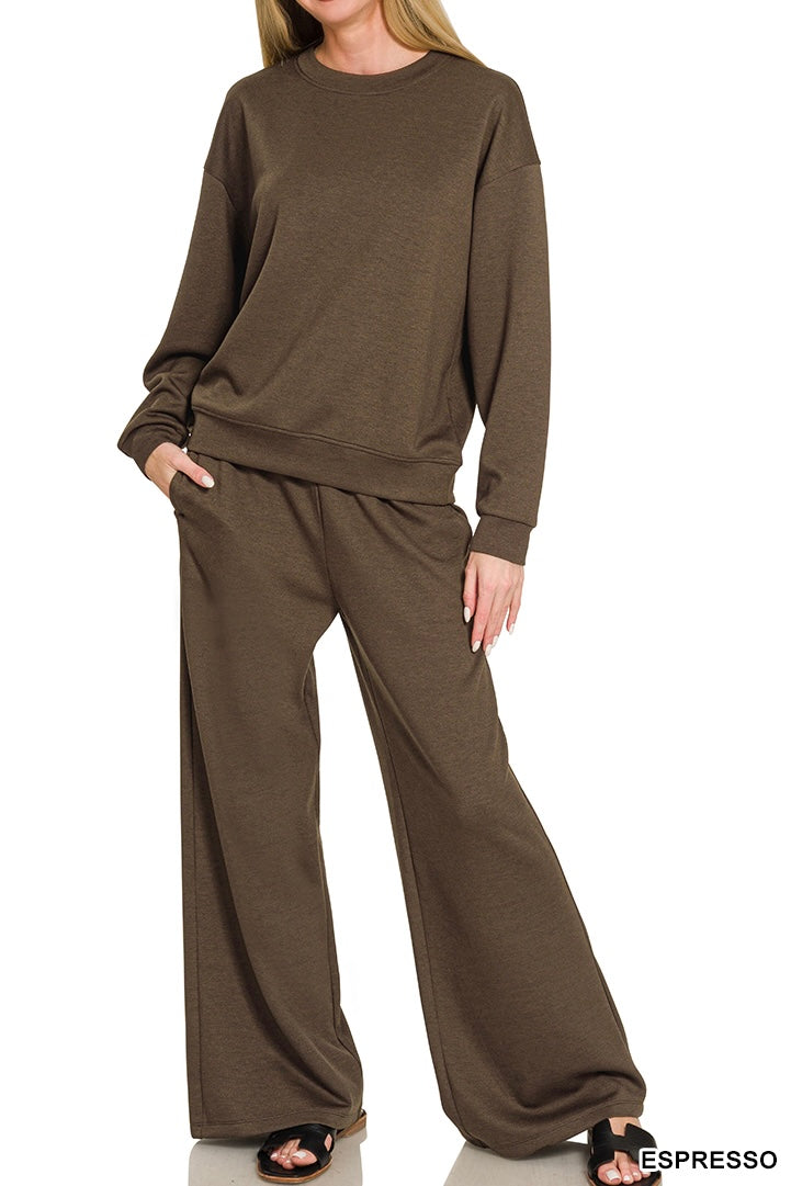Zenana Scuba Crew Neck Banded Pullover Pants Set