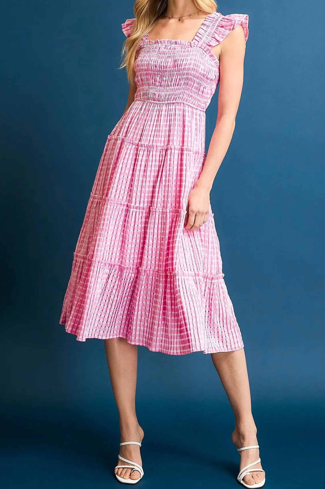 Checkered Smocked Shoulder Ruffle Midi Dress
