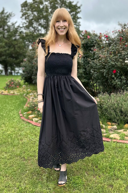 Black Smocked Eyelet Midi Dress
