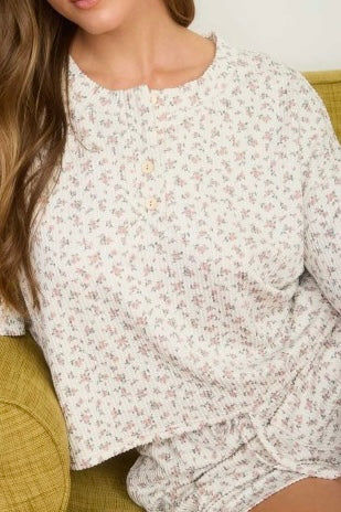 Floral Ribbed Short Sleeve Henley