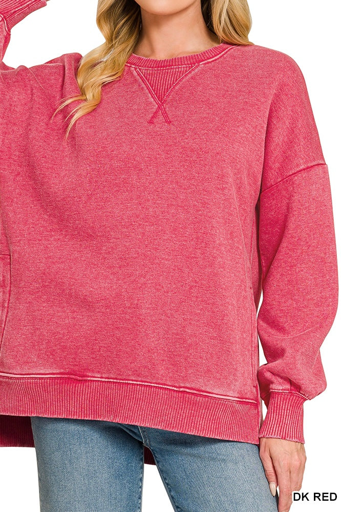 Zenana Acid Wash Step Hem Pocket Sweatshirt
