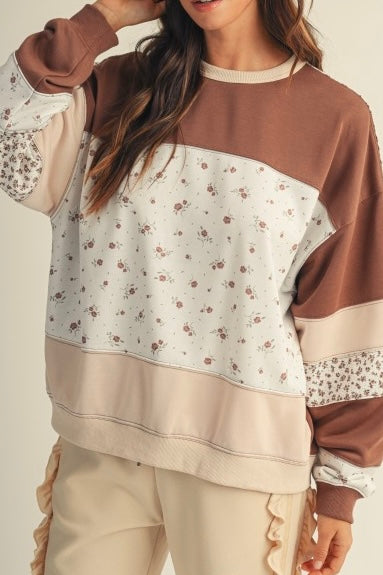 Vintage Fall Meadow Floral Color Block Sweatshirt