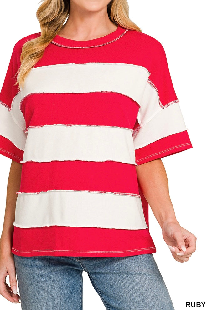Zenana French Terry Stripe Reverse Seam Top
