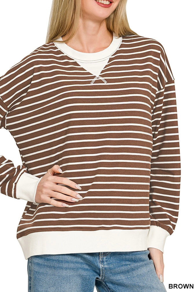Zenana Long Sleeve Stripe V-Patch Banded Pullover