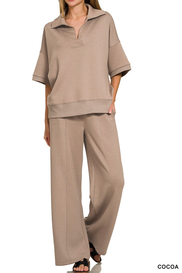 Zenana Collared Short Sleeve Pullover Center Seam Pants Set