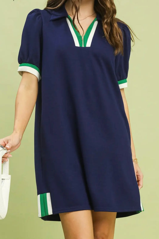 Navy Short Puff Sleeve Contrast Trim Dress