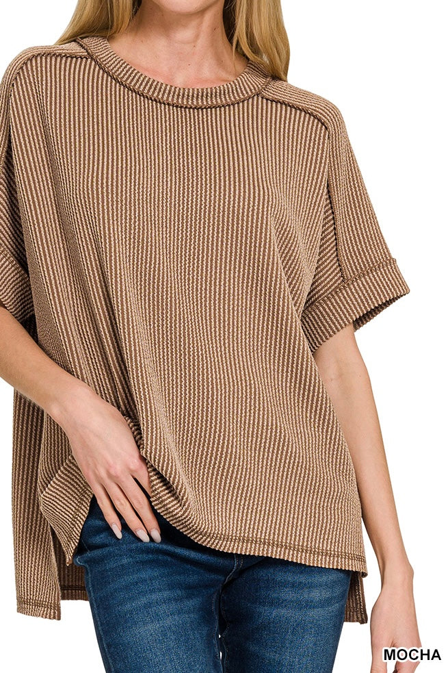 Zenana Short Sleeve Raised Ribbed Crew Neck Top