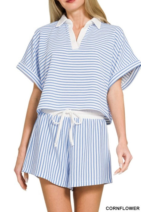 V-Neck Stripe Coastal Shorts Set