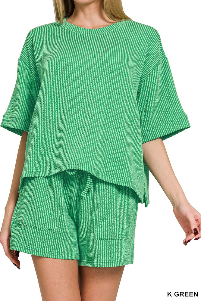 Zenana Raised Ribbed Half Sleeve Drawstring Shorts Set