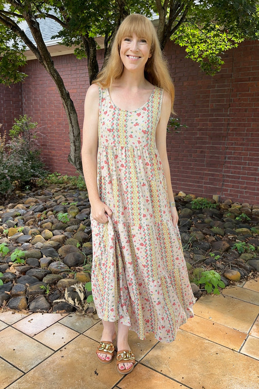 Tiered Butter Boho Print Midi Dress