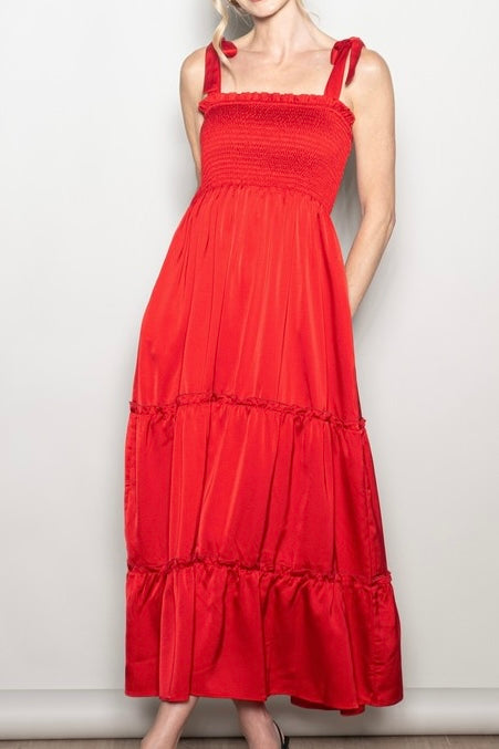 Red Matte Satin Tie Shoulder Smocked Dress