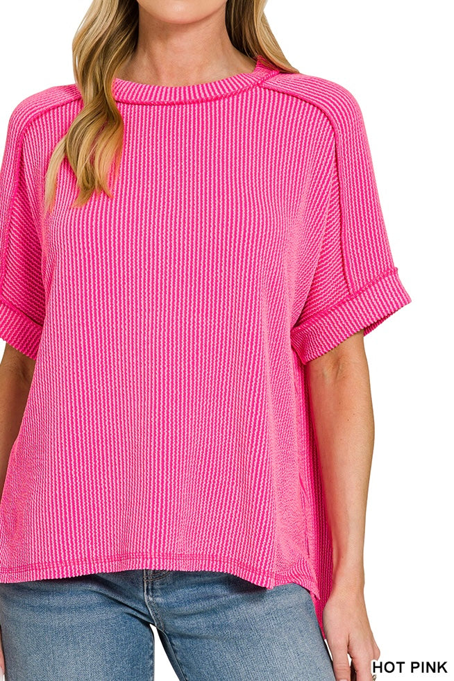 Zenana Short Sleeve Raised Ribbed Crew Neck Top