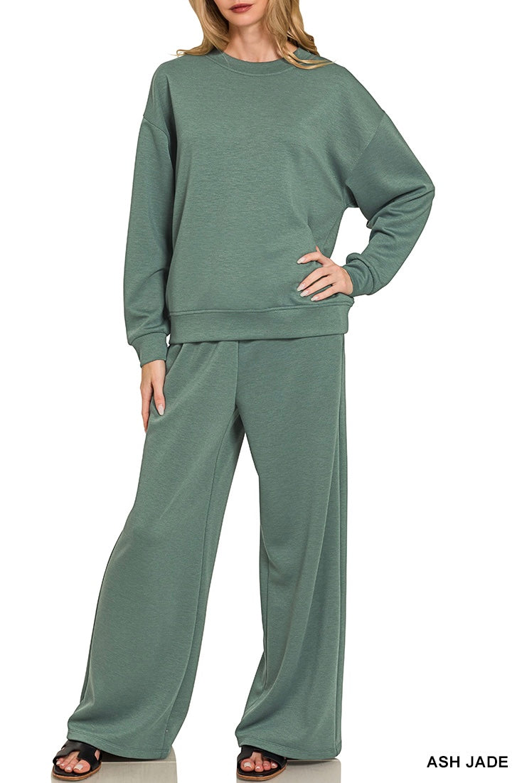 Zenana Scuba Crew Neck Banded Pullover Pants Set