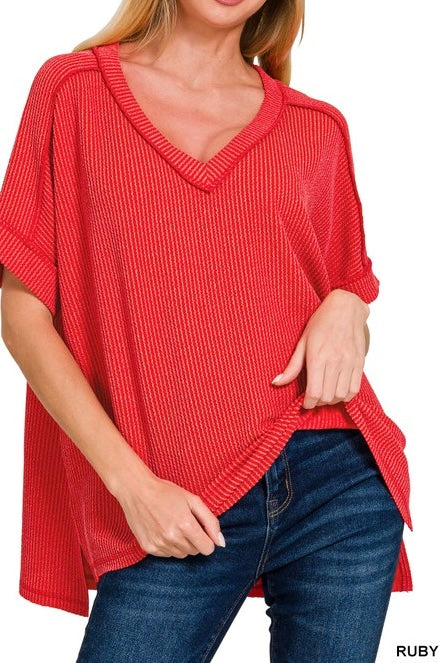 V-Neck Short Sleeve Ribbed Top