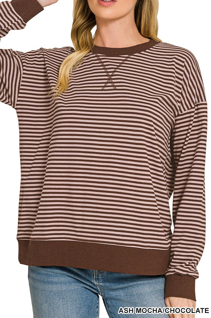Zenana Long Sleeve V-Stitch Stripe Banded Pullover