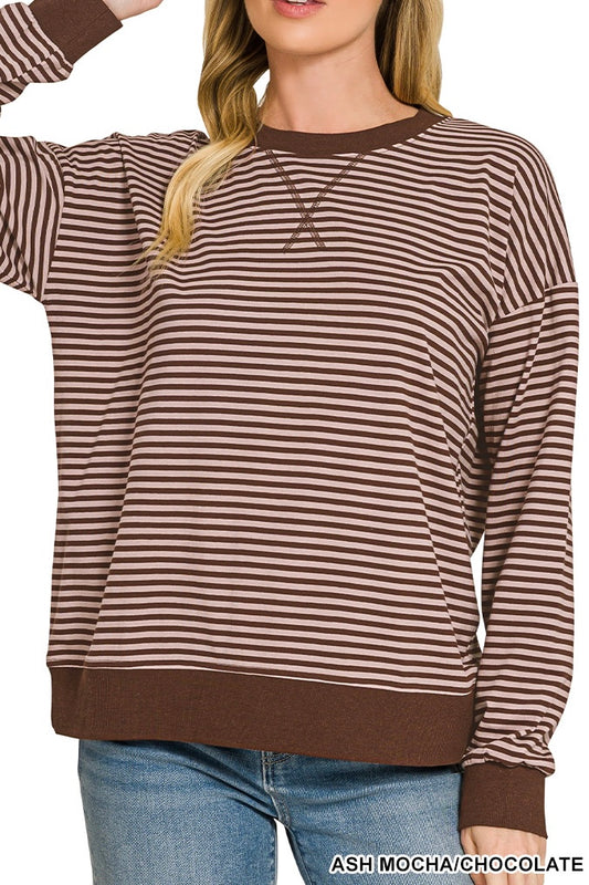 Zenana Long Sleeve Stripe Banded Pullover