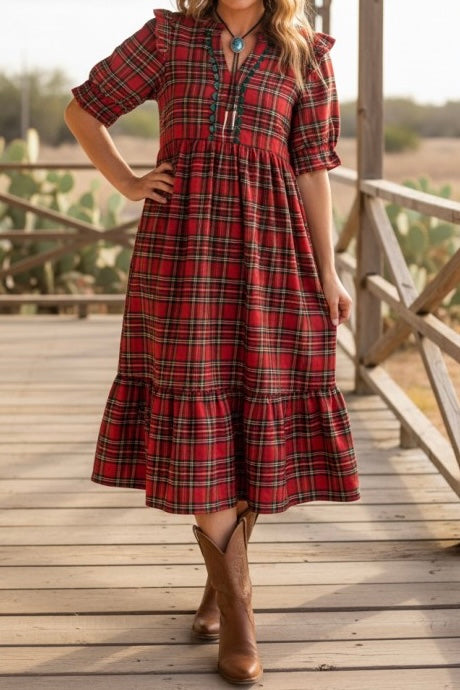 Plaid Split Neck Midi Dress