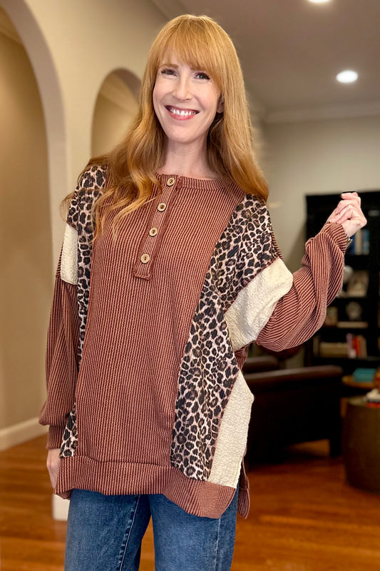 Rust  Ribbed Color Block Leopard Henley Tunic