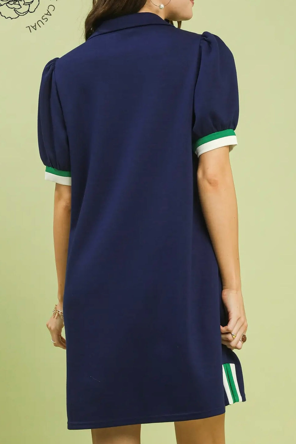 Navy Short Puff Sleeve Contrast Trim Dress