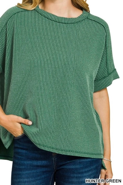 Short Sleeve Raised Ribbed Crew Neck Top