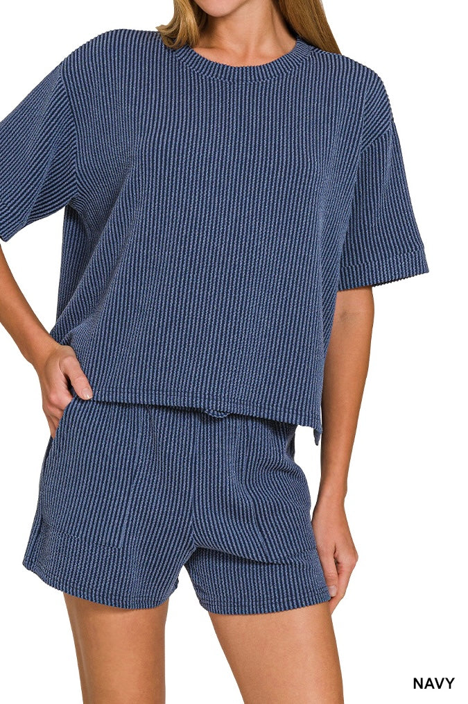 Zenana Raised Ribbed Half Sleeve Drawstring Shorts Set