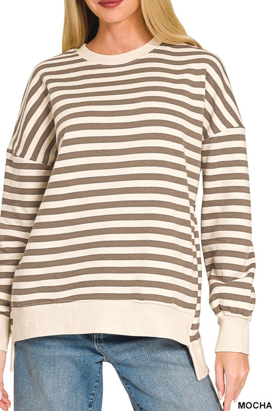 Zenana Stripe Fleece High Low Sweatshirt