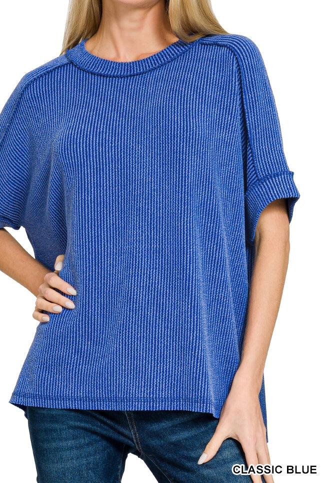 Zenana Short Sleeve Raised Ribbed Crew Neck Top