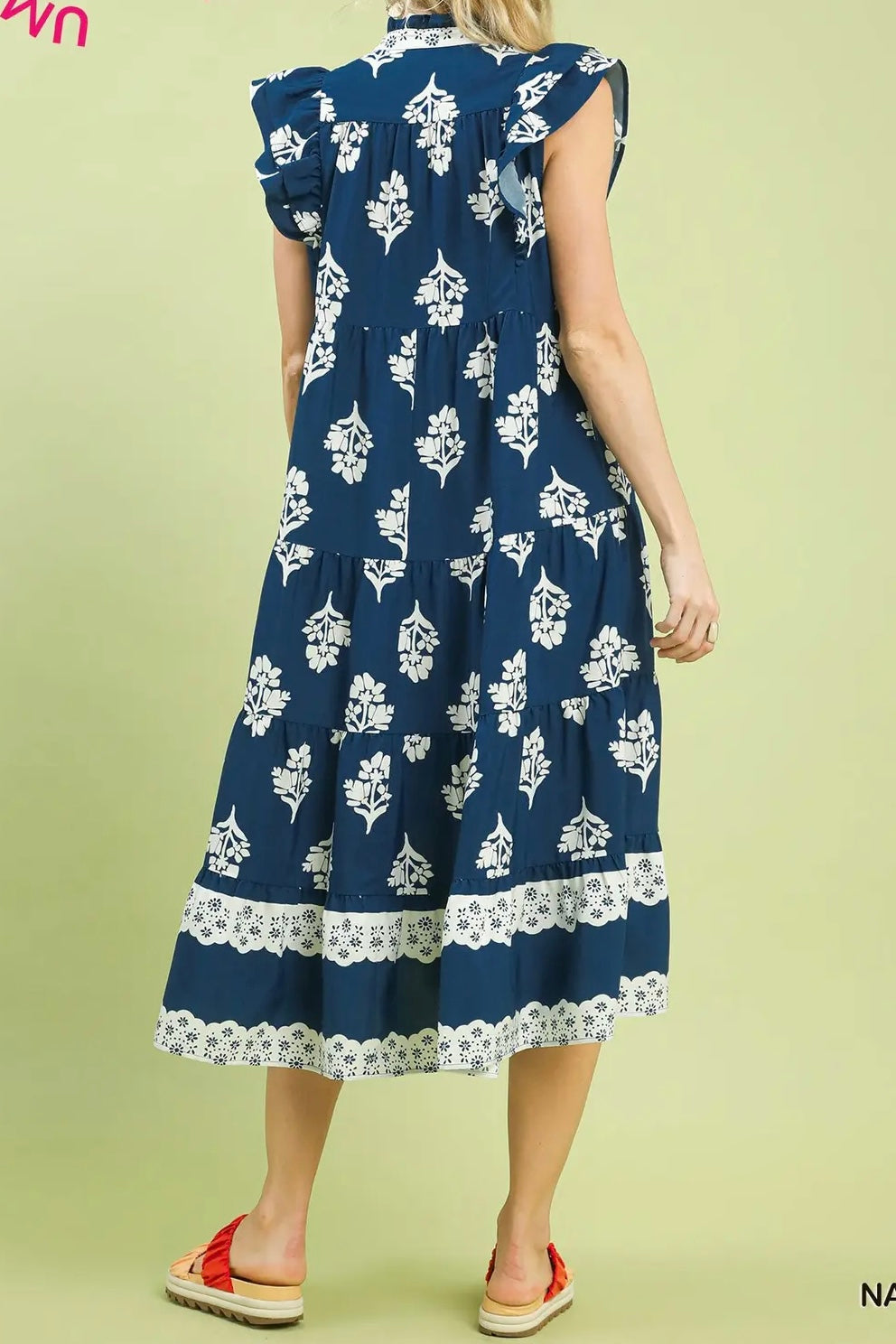 Navy Tile Floral Ruffle Sleeve Dress