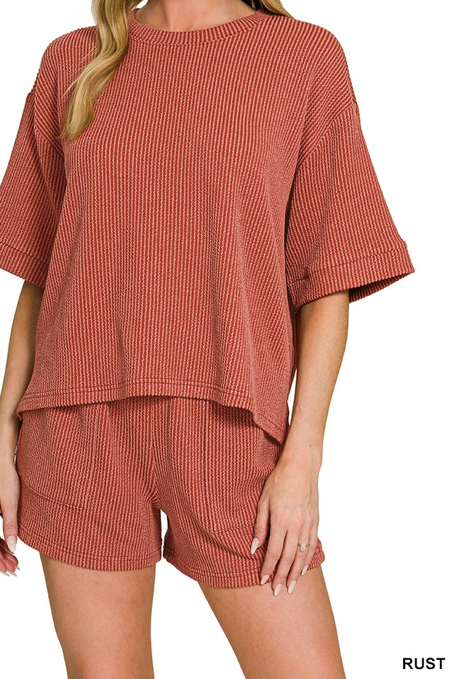 Zenana Raised Ribbed Half Sleeve Drawstring Shorts Set