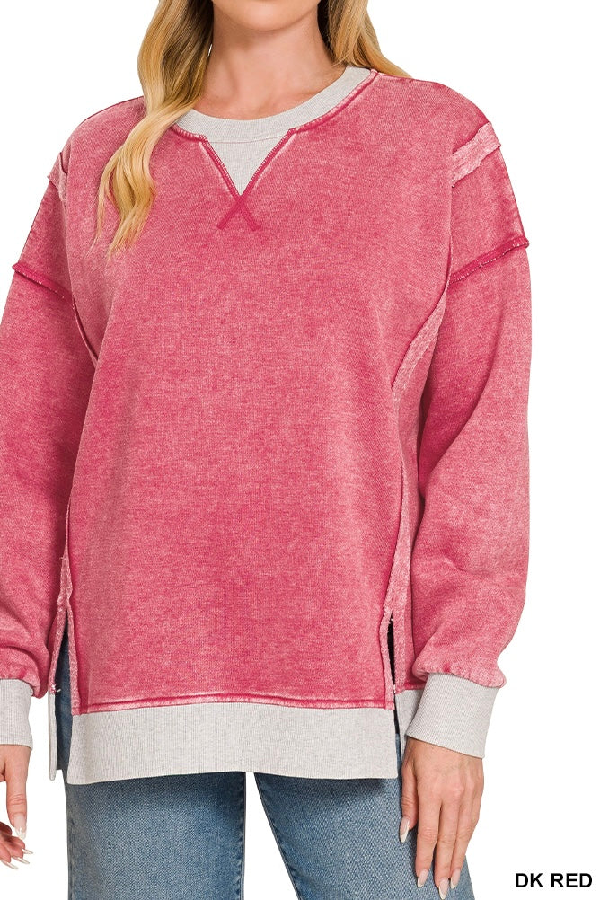 Zenana Acid Wash Fleece Contrast Trim Pullover