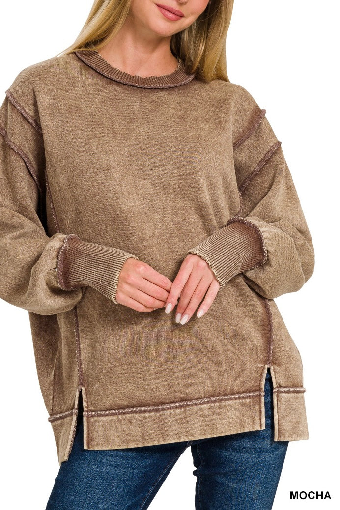 Zenana Acid Wash Exposed Seam Sweatshirt