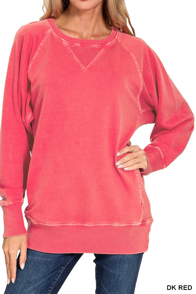 Zenana Pigment Dyed French Terry Ribbed Panel Pocket Pullover